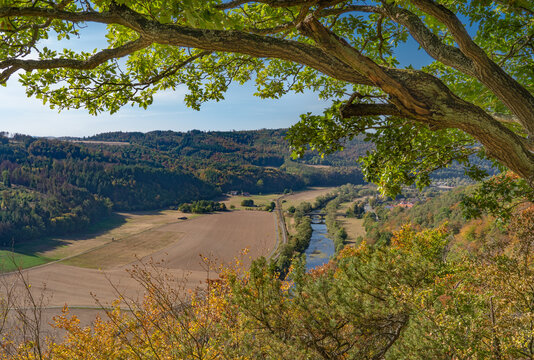 View of the river Eder from the lookout point Hagenstein on a summer day, near the famous lake Edersee, Germany