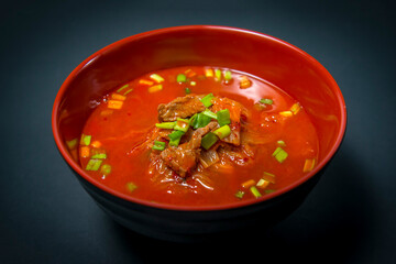 Korean Spicy Beef Soup With Tofu Noodles And Onion