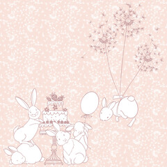 Cartoon holiday background with adorable rabbits, dandelions and cake on pink. Vector illustration with place for text. Perfect as a greeting card, birthday invitation, wedding, any party.