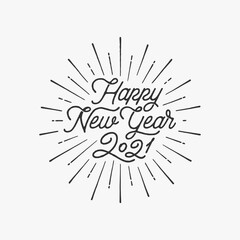 Happy New Year 2021 lettering with starburst vector illustration