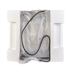 Packaging of goods with expanded polystyrene for safe transportation of goods. Isolated over white...