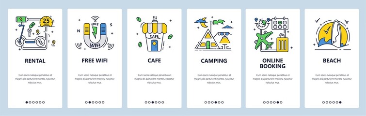 Summer camping outdoor activity. Campsite with tents, wifi, cafe. Mobile app screens, vector website banner template.