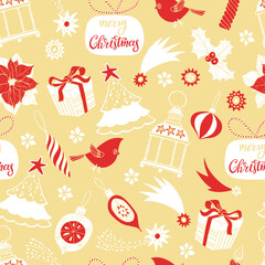 Christmas and New Year vector background.Seamless pattern with festive elements on gold. Perfect for greeting Christmas and New Year cards, invitations, wallpaper, wrapping.