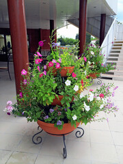Fototapeta na wymiar Three-tiered flower bed with petunia on a wrought iron twisted stand