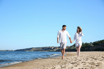 Fototapeta na wymiar Lovely couple walking on beach. Space for text