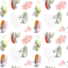 modern abstraction vector hand drawing seamless pattern vases leaves and flowers linear art in pastel colors on a white background for posters, wallpapers, packaging, cover, social networks, blogs