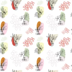 Rolgordijnen modern abstraction vector hand drawing seamless pattern vases leaves and flowers linear art in pastel colors on a white background for posters, wallpapers, packaging, cover, social networks, blogs © Елена Коваленко