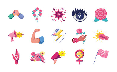 feminism detailed style set of icons vector design