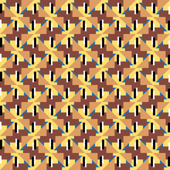 Vector seamless pattern texture background with geometric shapes, colored in brown, yellow, black, white, blue colors.