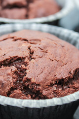 Macro on chocolate cupcakes fresh out of the oven