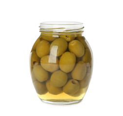 Jar of pickled olives isolated on white