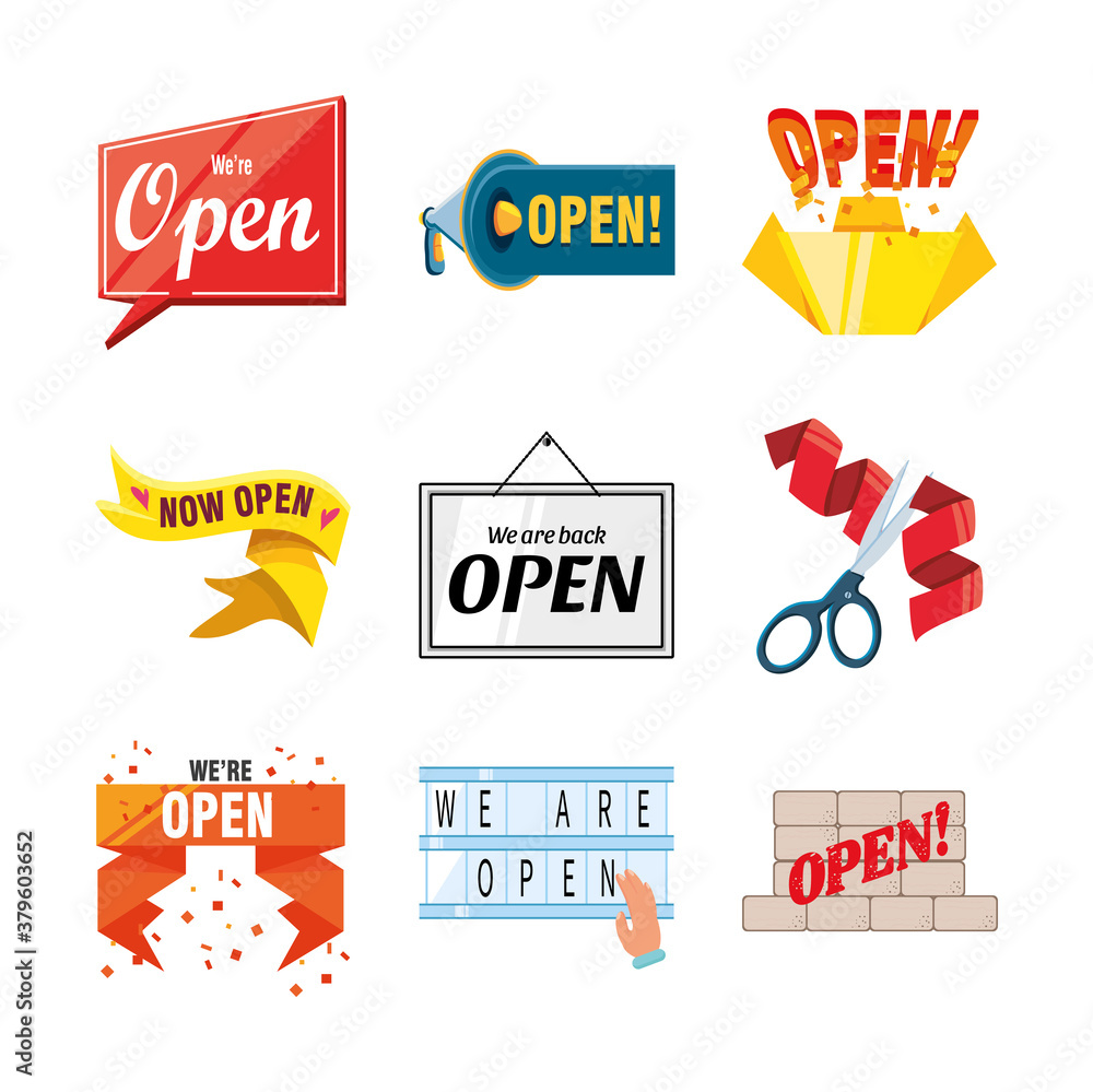 Poster we are open detailed style icon set vector design