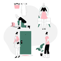Vector linear character illustration of getting dressed and undressed