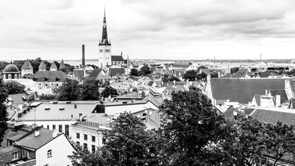 Black and white view of Old town of Tallinn in overcast weather. Tallinn, Estonia, Europe
