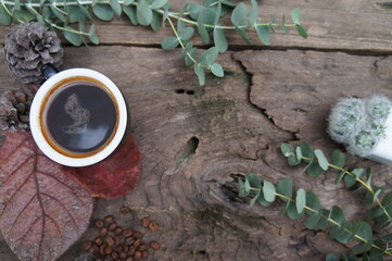 Hot black coffee and coffee beans on wooden background (top view) with leaves, cactuses and white flowers  