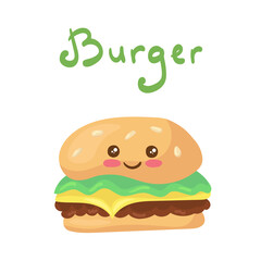 Delicious Meat with salad & Cheese Burger Cute Vector Illustration. Cartoon Kawaii icon of street fast food characters with happy face & lettering. Smiling colorful drawing for children menu concept.