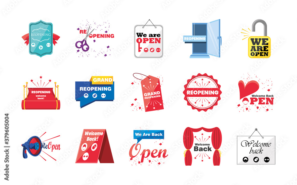 Poster reopening detailed style set of icons vector design