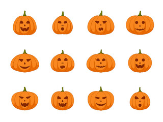 Set of halloween pumpkin with smile on white background, vector illustration