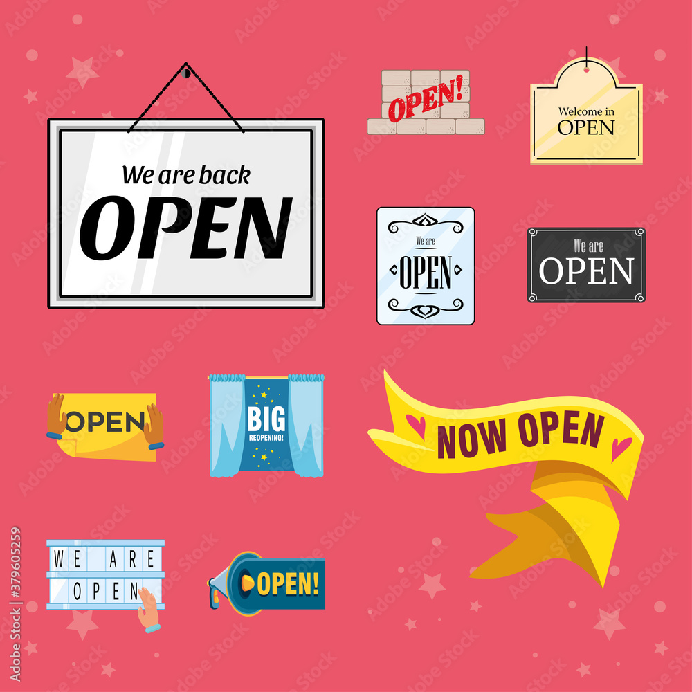 Poster we are open detailed style icons collection vector design