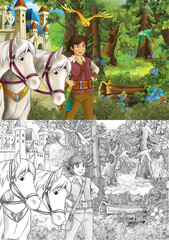 Obraz na płótnie Canvas cartoon scene with prince and horses in the forest - illustration for children