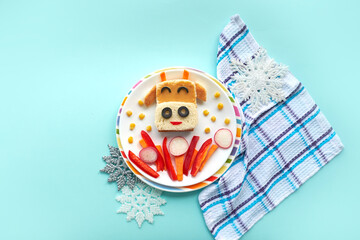 Creative idea for kid breakfast. bull shaped sandwich, healthy food concept for kids