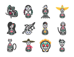 Mexican day of dead detailed style set icon vector design