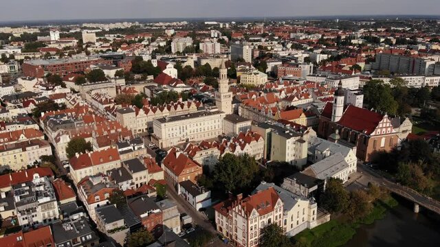 Opole , aerial view of Old Town and the river Oder. Poland, spring day. Drone shot on sunset time.4K, UHD, Cinematic						