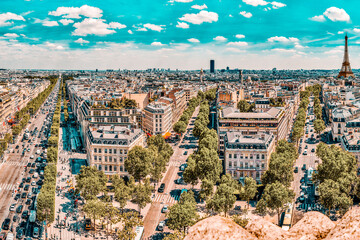 PARIS, FRANCE - JULY 06, 2016 : Beautiful panoramic view of Paris from the roof of the Triumphal...