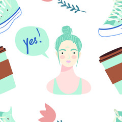 Seamless pattern and hand drawn texture.  You take care of yourself. Vector flat illustration