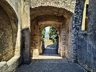 Naklejka premium the stone walls and the tower of the famous Caetani Castle of Sermoneta, little medieval town in the Lazio region. Italy 