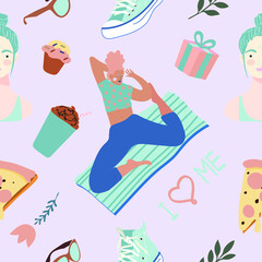 Seamless pattern and hand drawn texture.  You take care of yourself. Vector flat illustration