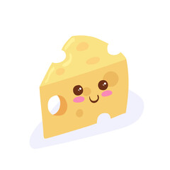 Kawaii Yellow Piece of Cheese vector character isolated on white background. Funny smiling cute yummy dairy product mascot illustration. Emotion food icon. Kids menu concept.