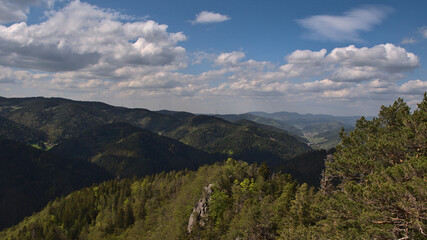 Naklejka premium Beautiful view over hilly Black Forest and Gutach valley from Rappenfelsen near Hornberg, Baden-Wuerttemberg, Germany with wind power turbines in background on sunny day in late spring.