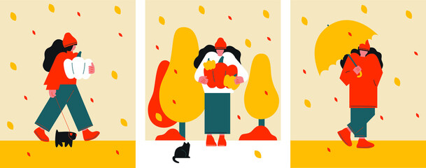 A diverse woman in autumn clothes, under an umbrella, with her beloved pet. Flat style. Beautiful girls are walking in the fresh air. Stylized autumn park. Leaf fall. Black cat. 