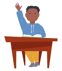 Schoolboy raising hand at lesson, boy sitting by table