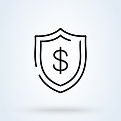 shield dollar line icon or logo. Money Guard concept. Shield and check of secure money bank linear vector illustration.