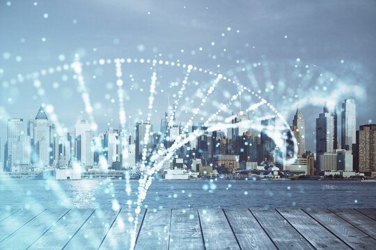 Double exposure of DNA drawing and cityscape background. Concept of education.