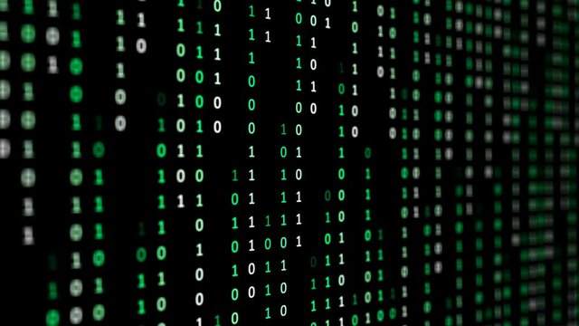 Binary code matrix background with digits moving on screen. Algorithm binary, data code, decryption and encoding, row matrix seamless loop abstract background.