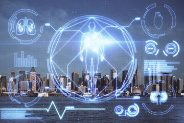 Double exposure of education theme drawing and cityscape background.