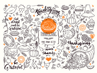 Thanksgiving traditional symbols. Hand drawn doodle style illustrations, handwritten lettering. Isolated vector clipart collection for festive flyer, banner, congratulation card, invitation, poster.