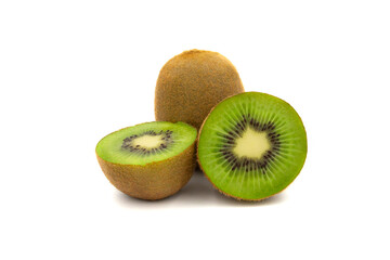 One kiwi fruit and half kiwi fruit on white background.