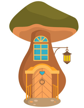 Mushroom house with porch. Fairytale building exterior in cartoon style.