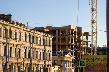 Russia, Pushkin-August 21, 2020:Evening photo of a house under construction in the city center