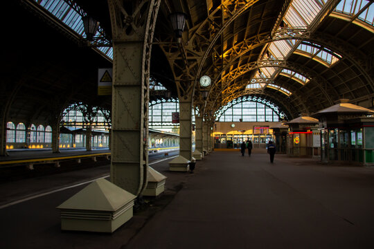 Russia, Pushkin-August 21, 2020:Atmospheric Photo of empty train station, in the evening