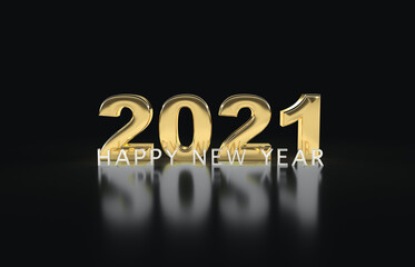 2021 Happy new year, golden bold letters 3d rendering illustration isolated.