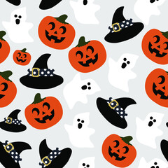 Fototapeta na wymiar Bright festive pattern Halloween ghost hat pumpkin on gray background