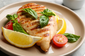 Tasty grilled chicken fillet with green basil, lemon slices and tomato on plate, closeup