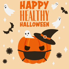 Text Happy Healthy Halloween.Vector Pumpkin in protective mask,witch hat,with coronavirus,ghosts,stars,bats. Pumpkin wearing medical face mask.Halloween with COVID-19 virus pandemic prevention concept