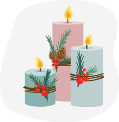 Three winter handmade candles with spruce, pitch pine tree cones and berries flat vector cartoon illustration.Cozy hygge style. Winter mood. Cute flat cartoon vector illustration.Winter vibes.