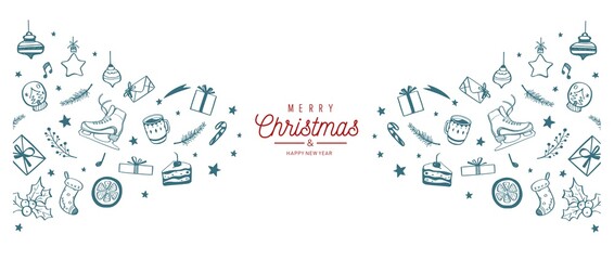 Obraz premium Winter holiday background. Christmas border with festive doodle pattern,